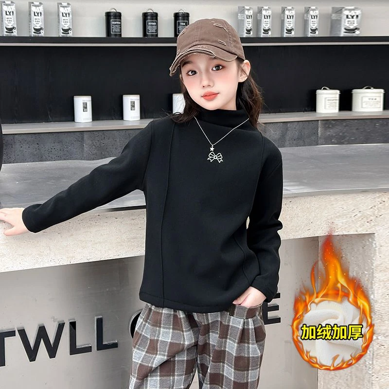 儿童双面德绒打底衫高领加绒保暖女童上衣新款加厚秋冬洋气长袖T
