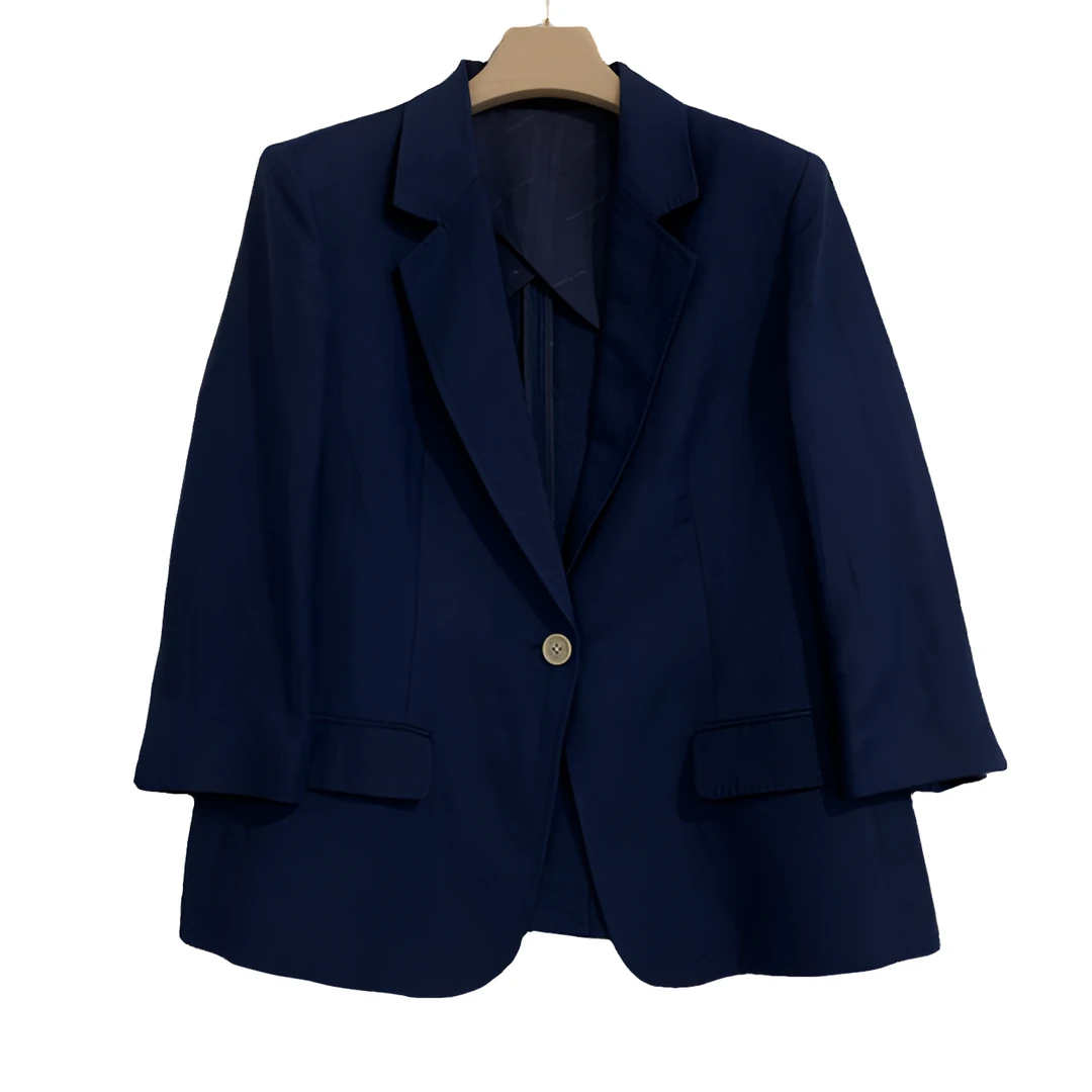 【8001】藏青色亚麻女士休闲西装一粒扣商务春夏季七分袖设计师通勤