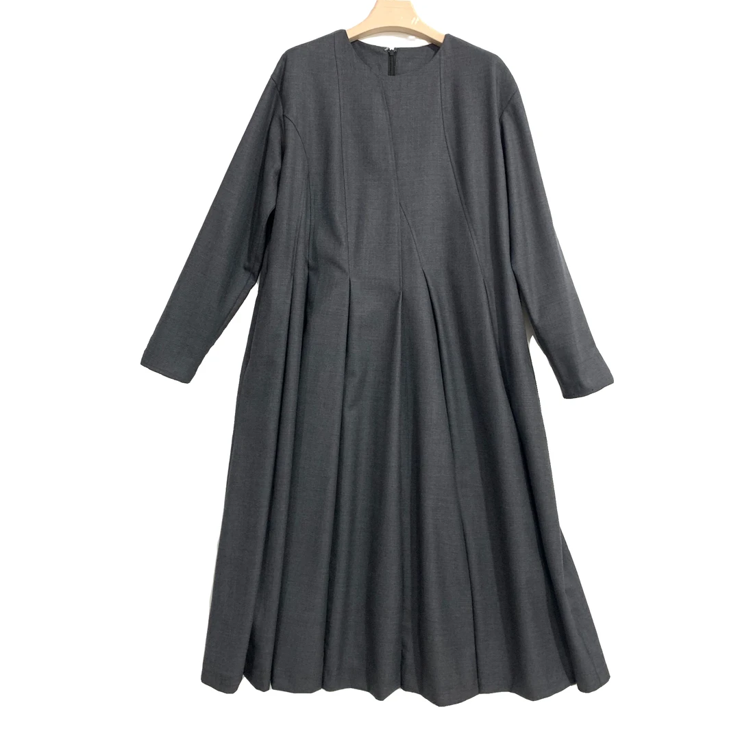 【2434】二三圆领女装连衣裙纯色长袖气质时尚休闲长款宽版高腰