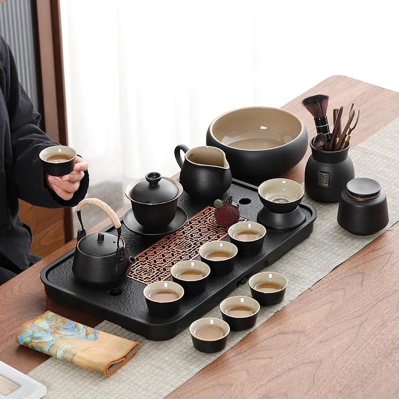 茶杯黑陶功夫茶具盖碗家用客厅办公旅行茶盘粗陶瓷泡茶壶