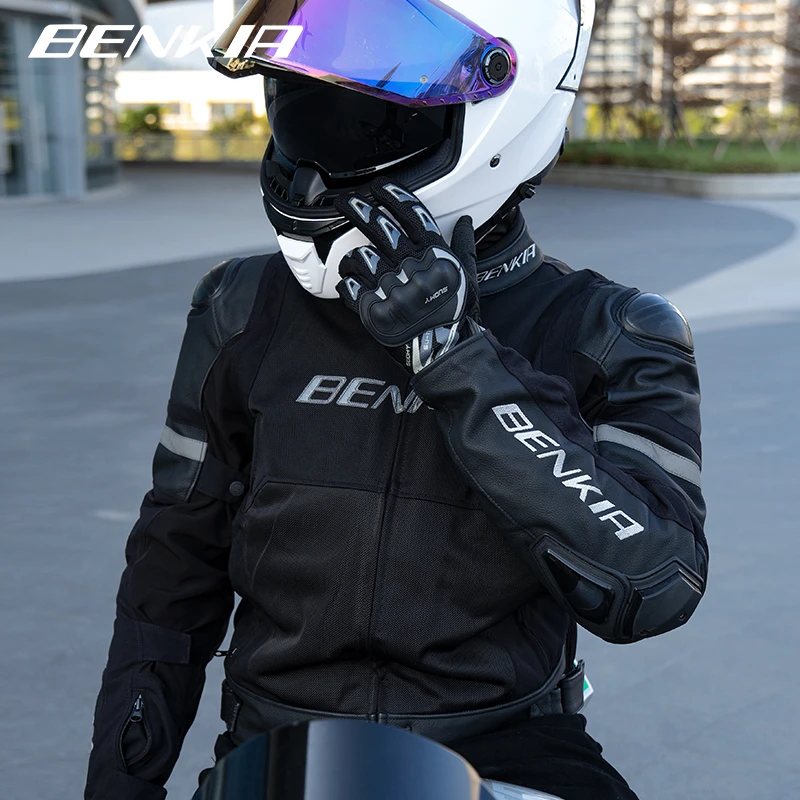 BENKIA夏季骑行服男真皮网眼防摔透气耐磨赛车服四季防护修身防风