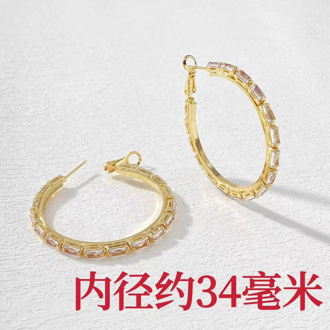 铜合金耳饰 木木（QA3068）内径34毫米 满圈方钻耳圈耳环