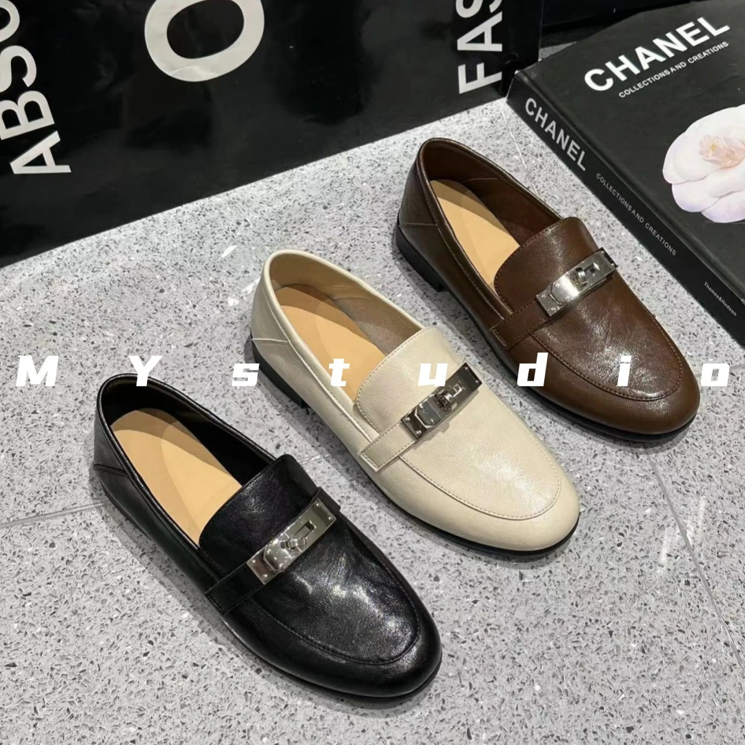 Studio｜MY银锁扣~秋季圆头粗跟英伦风懒人真皮复古穆勒乐福小皮鞋