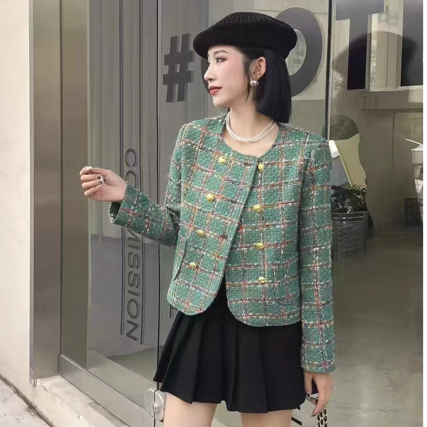 气质双排扣小香风外套短款时尚百搭复古格子粗花呢【影黛23868】