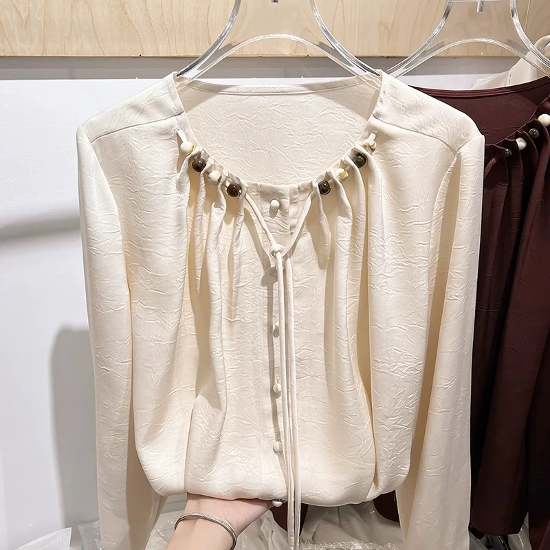 气质圆领褶皱串珠系带衬衣显瘦长袖洋气时尚百搭设计感【法达2662】