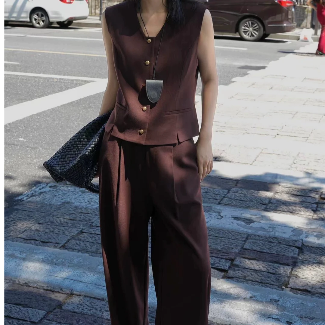 欧货韩版马甲套装气质时尚休闲百搭复古无袖宽松阔腿【乔西儿993】