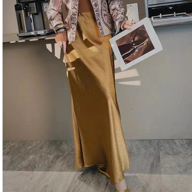 拖地醋酸半身裙女夏季新款简约时尚气质高腰显瘦开叉长款轻熟