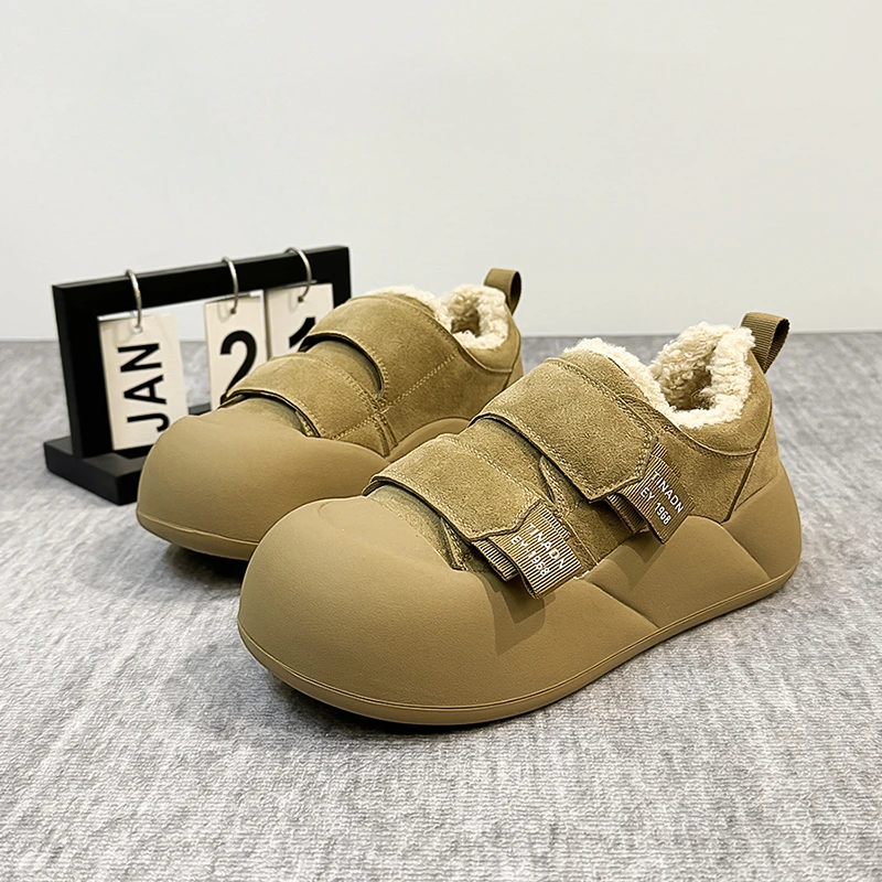 冬季加绒羊羔毛面包鞋女2024新款厚底增高鞋子魔术贴丑萌毛毛棉鞋