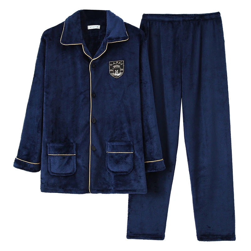 睡衣男士秋冬季法兰加厚保暖套装珊瑚加肥大码中年爸爸家居服