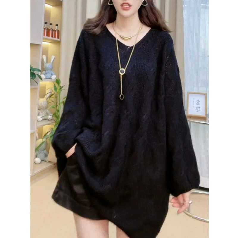 秋冬季胖MM300斤特大码宽松慵懒风V领中长款长袖麻花纹针织毛衣女