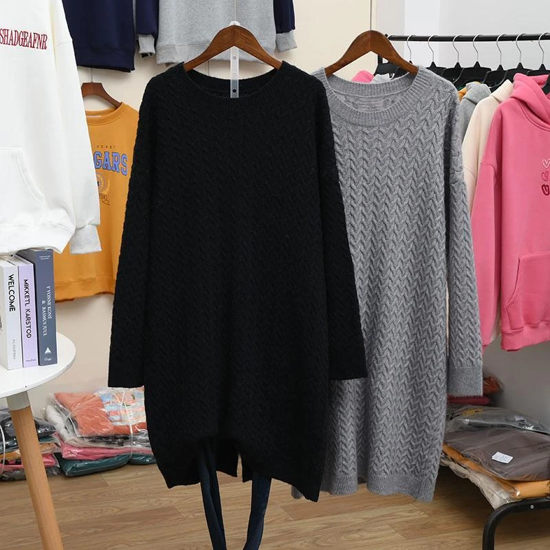 300斤长款过膝慵懒风大码针织毛衣女秋冬新款遮臀宽松加厚连衣裙