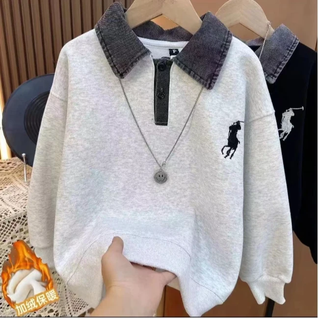 牛仔领加绒POLO衫~姐弟加绒新款韩版时尚卫衣
