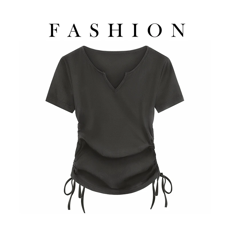 丝柏舍2025棉夏新款女时尚气质简约显瘦套头短袖抽绳T恤S32B1512T