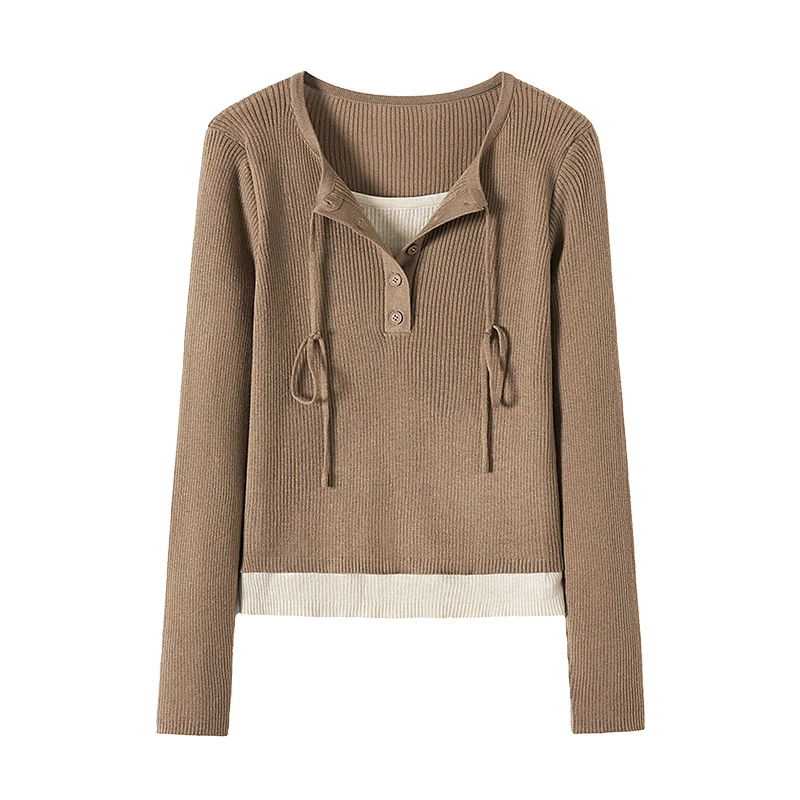 她池2024冬装新款女装撞色拼接气质假两件休闲针织衫T43X5061Z