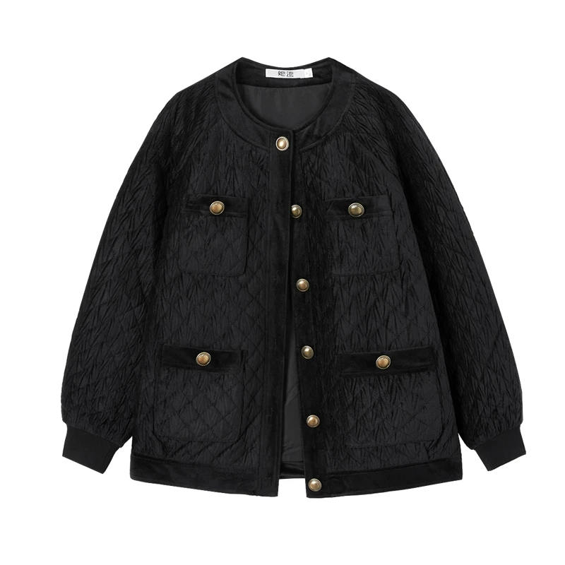 她池2025夏季新款女时尚宽松简约圆领单排扣纯色棉外套T33B3138A