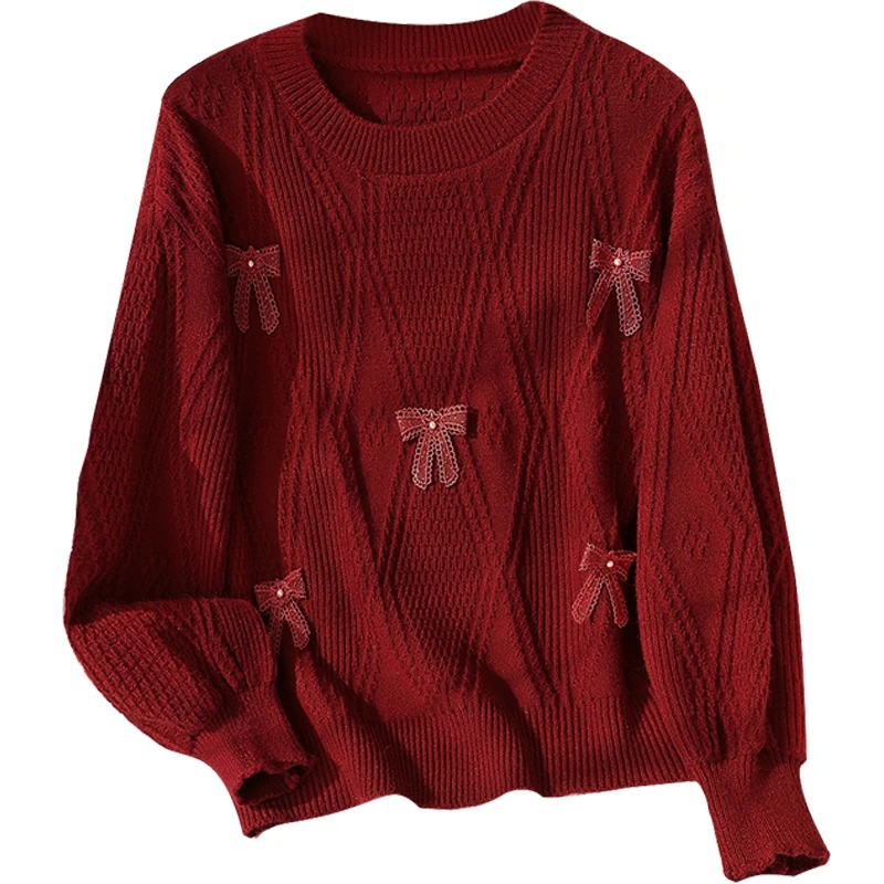 她池2025春装新款女装立体蝴蝶结宽松显瘦套头圆领毛衣T43F0049M