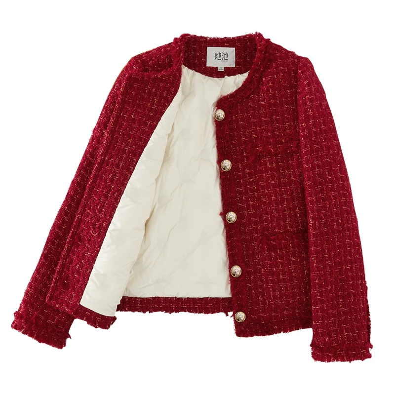 她池2024冬新款女时尚单排扣圆领长袖小香风好羽绒外套T34Z4667AA