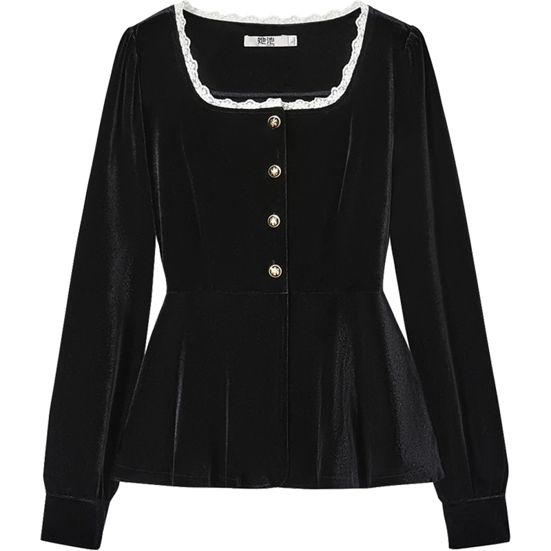 她池2025秋季新款女装时尚修身显瘦衬衣蕾丝边衬衫T43B4199C