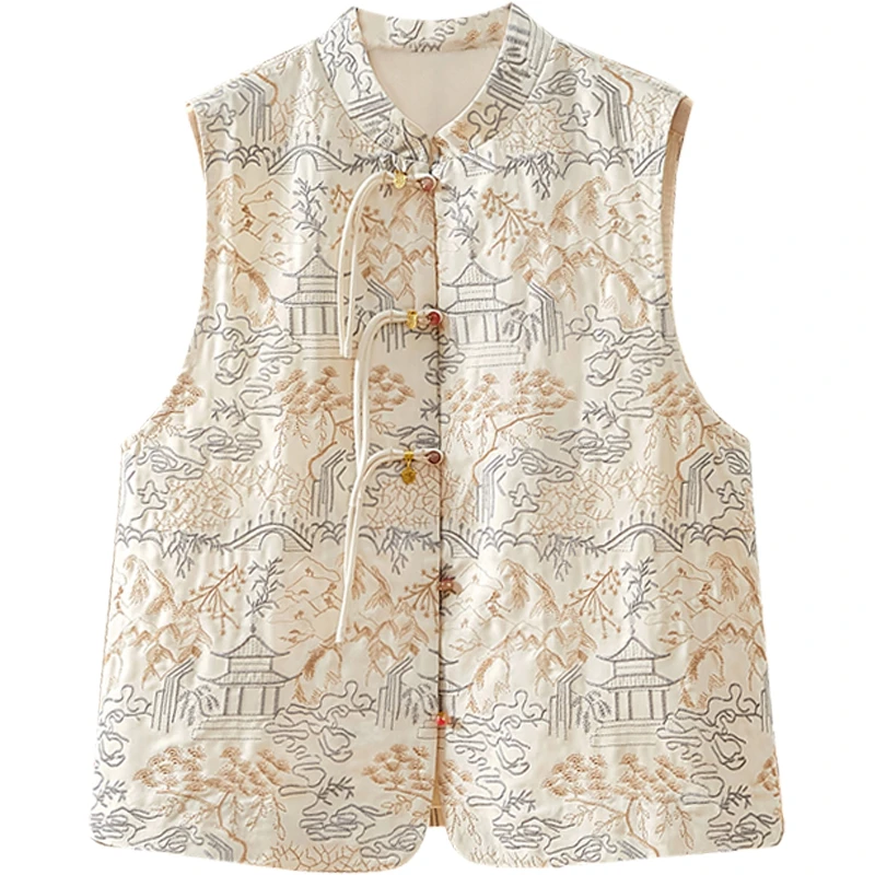 她池夏季欧若风春游出行国风盘扣宽松提花新中式马夹T43B4219J