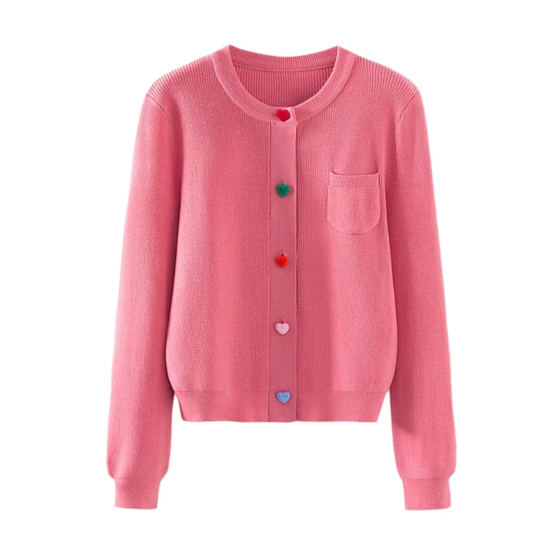 她池2024冬装新款女装圆领针织衫甜美爱心单排扣开衫T43H4089Z