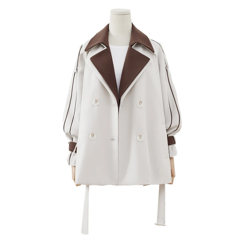 她池2024冬装新款女装简约撞色拼接宽松休闲风衣T33B3077F