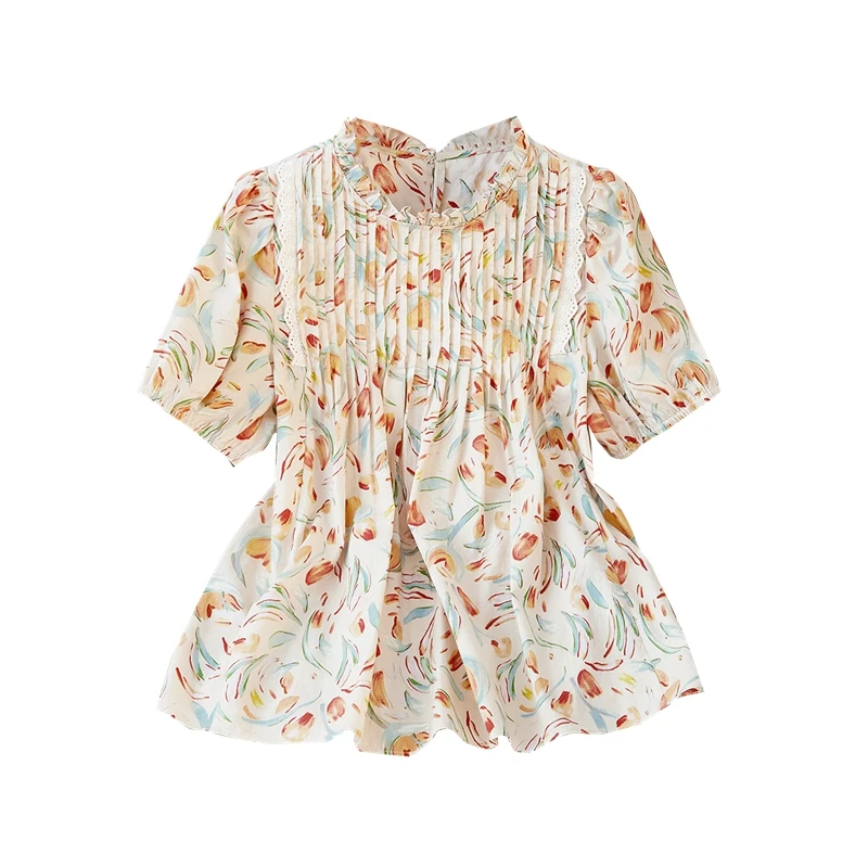 她池2025夏季新款女装时尚木耳边拼接宽松泡泡袖衬衫T42Q1627C