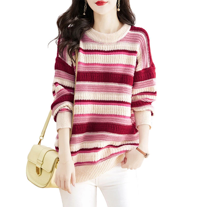 丝柏舍2024冬装新款女清新圆领宽松显瘦撞色条纹毛衣S24Z0026M