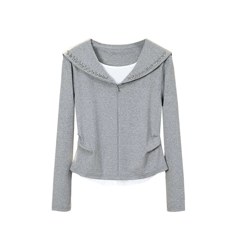 她池2025棉秋新款女装时尚假两件钉钻捏褶上衣减龄卫衣T43X4938U