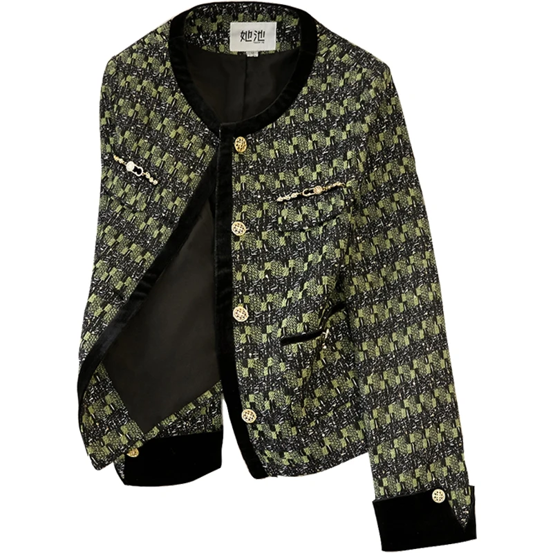 她池2025夏季新款女装时尚格纹宽松气质上衣小香风外套T43B4657A