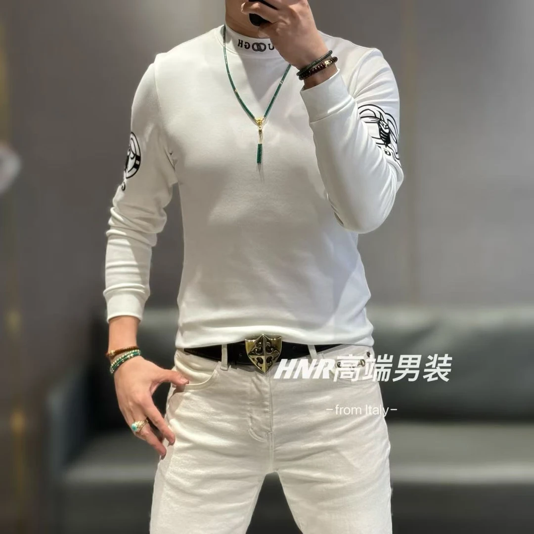 袖子印花设计新款高端男士时尚休闲百搭打底T恤衫9210