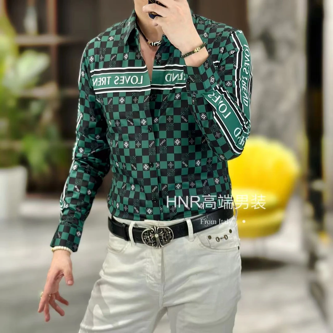 弹力轻奢商务2024新款格子字母图案潮流男士百搭长袖衬衫82439
