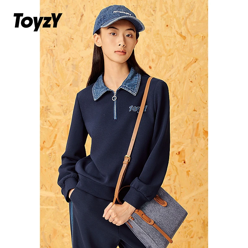 ToyzY秋新款牛仔拼接翻领半开襟空气层Polo衫ZC34360120