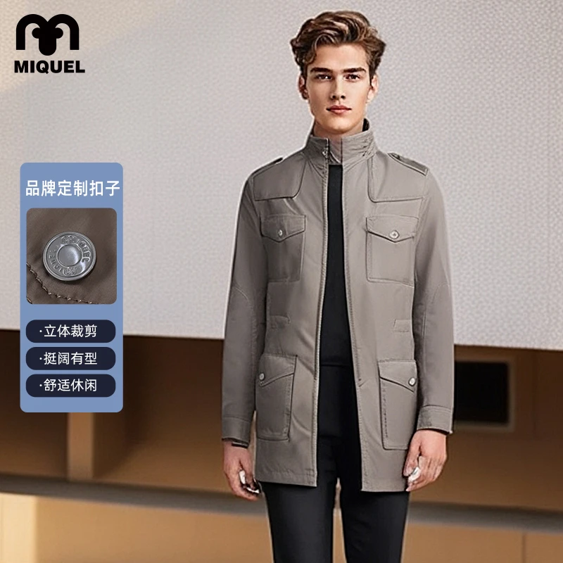 米盖尔休闲立领风衣 橄榄绿色多口袋中长款防风外套简约春秋上衣