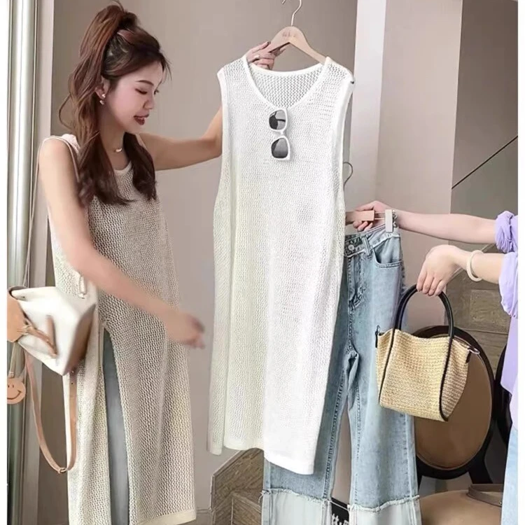 夏季新款设计感度假风针织过膝连衣裙外搭罩衫镂空长款开叉背心裙
