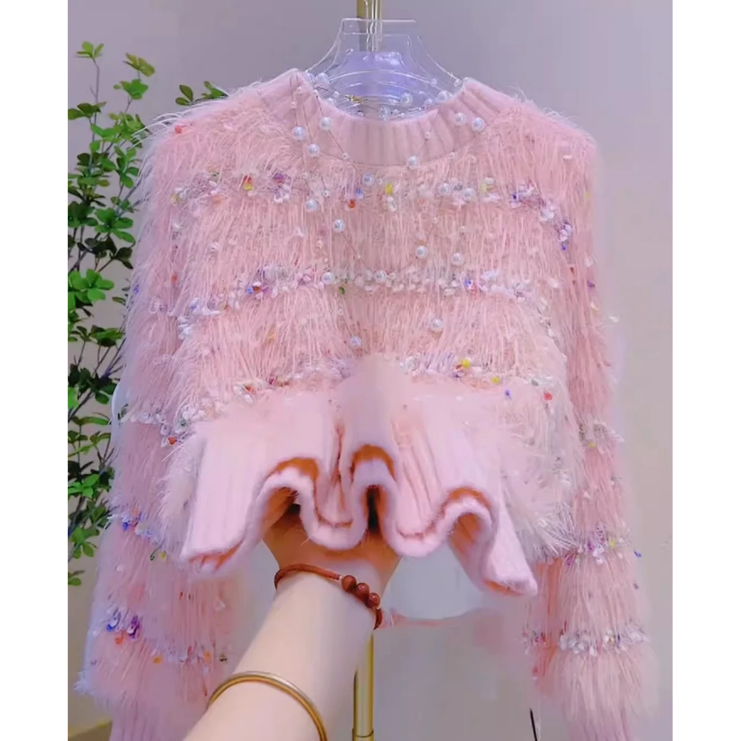 秋冬软糯短款针织上衣温柔风粉色仿小香风洋气百搭气质时尚毛衣女