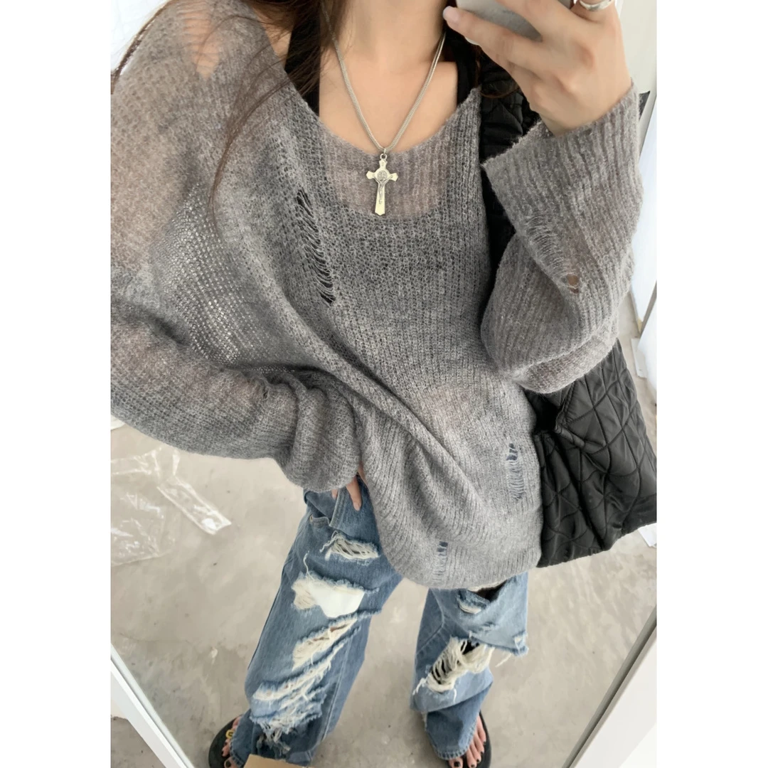 破洞韩系宽松慵懒风镂空针织衫女春夏薄款毛衣外搭罩衫显瘦上衣潮