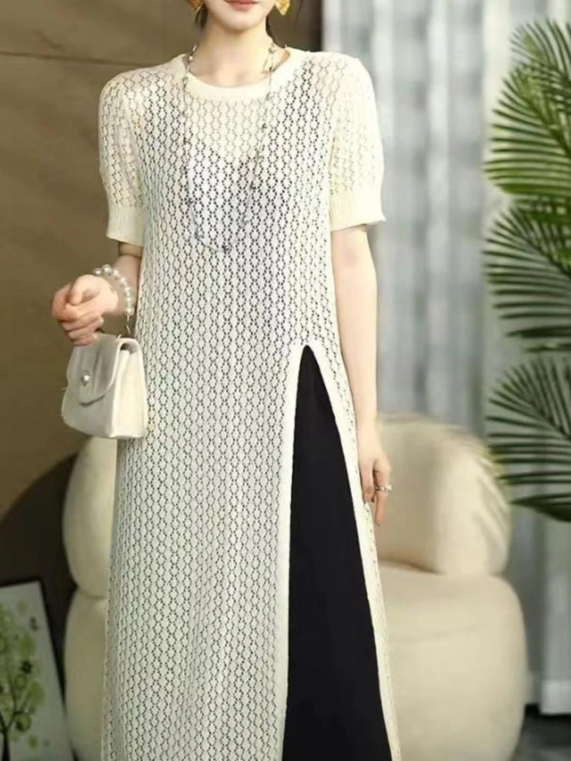 2025夏季新款宽松镂空针织连衣裙女洋气长款开叉洋气薄款条纹上衣