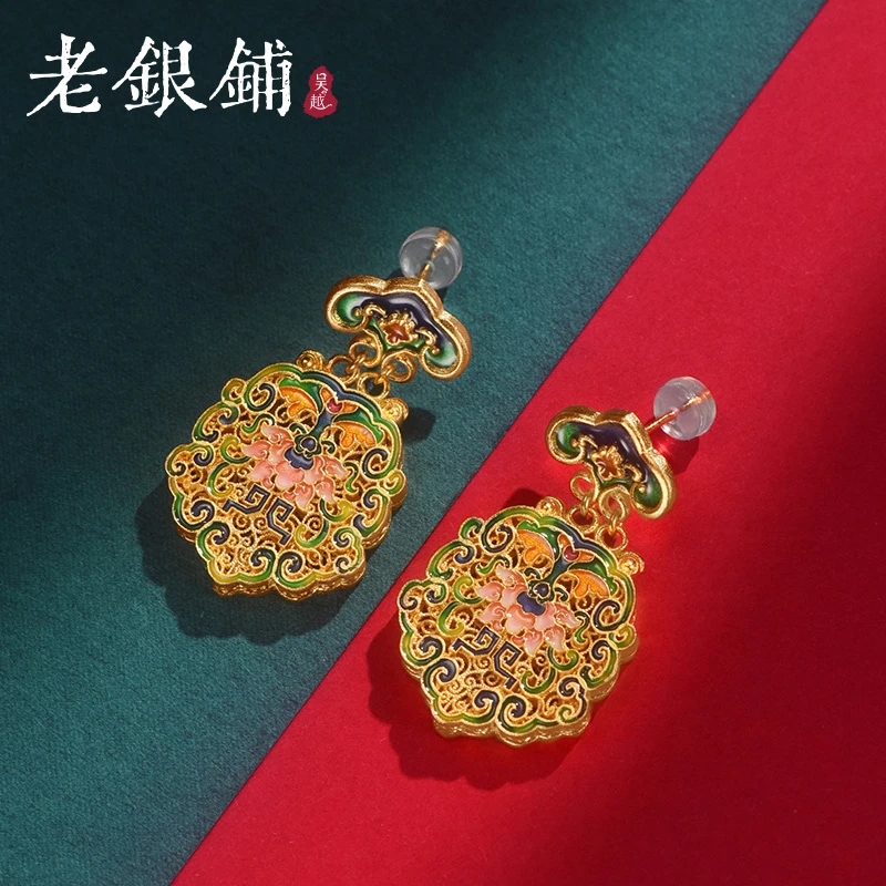 吴越老银铺 925银珐琅耳饰 足银999锦岚珍耳钉 复古气质银耳饰