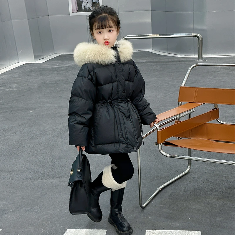女童冬季羽绒服中长款外套2023新款童装加厚真大毛领女孩洋气潮牌