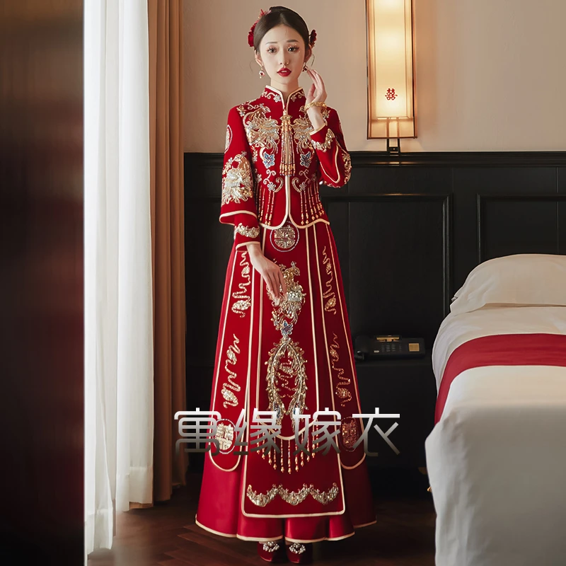 奢华丝绒秀禾服2024新款中式婚纱新娘结婚礼服敬酒服嫁衣女龙凤褂