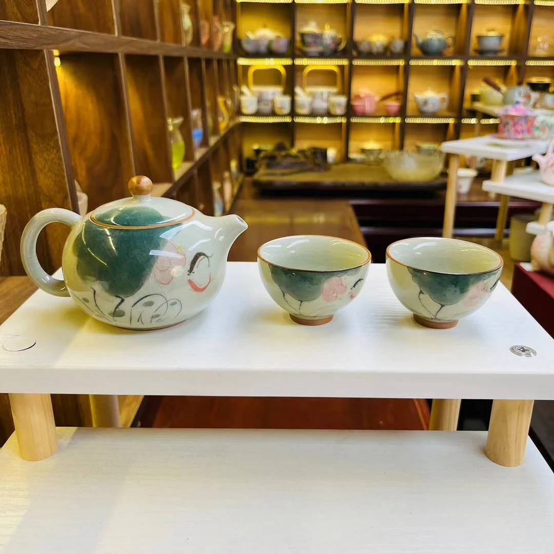 哥窑手绘荷花锦鲤西施壶茶壶茶杯套装家用1壶2杯1152