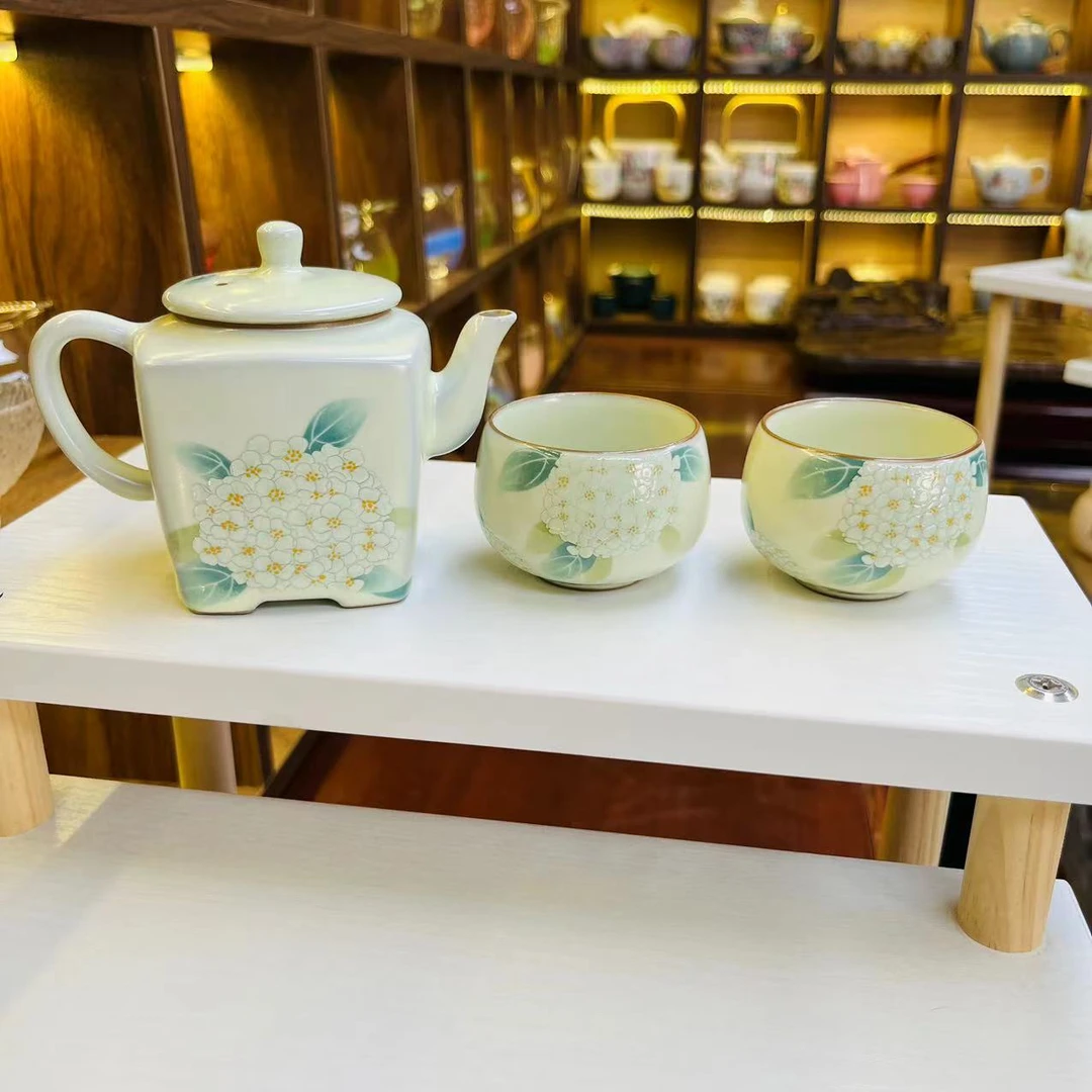 汝窑绣球花四方壶茶壶茶杯套装家用复古1003