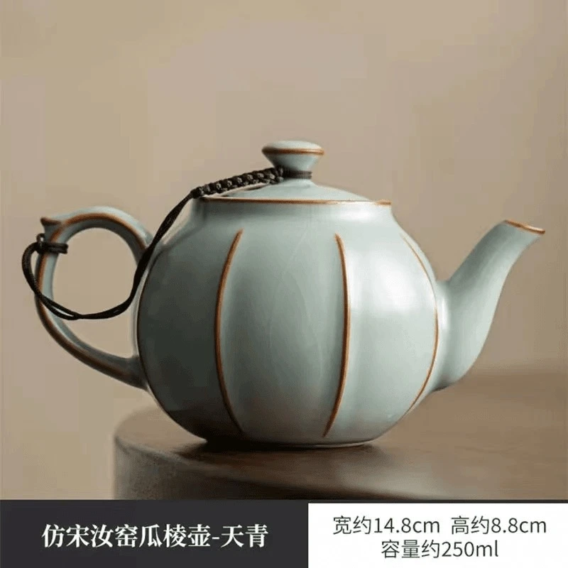 天青汝窑开片可养瓜棱壶茶壶茶杯家用1321