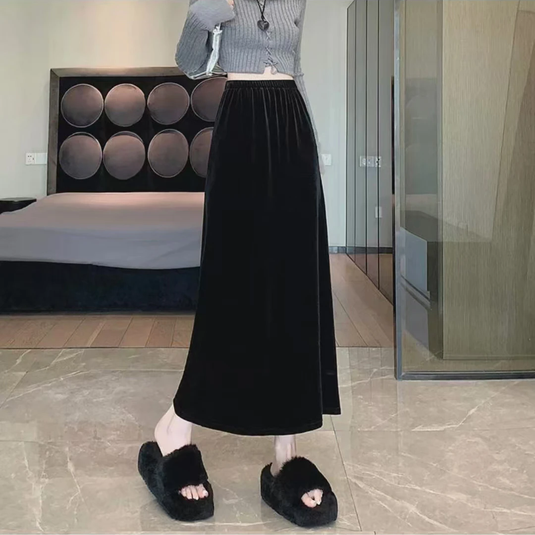 YY秋季新款丝绒半身裙200斤大码一步裙过膝长裙8931