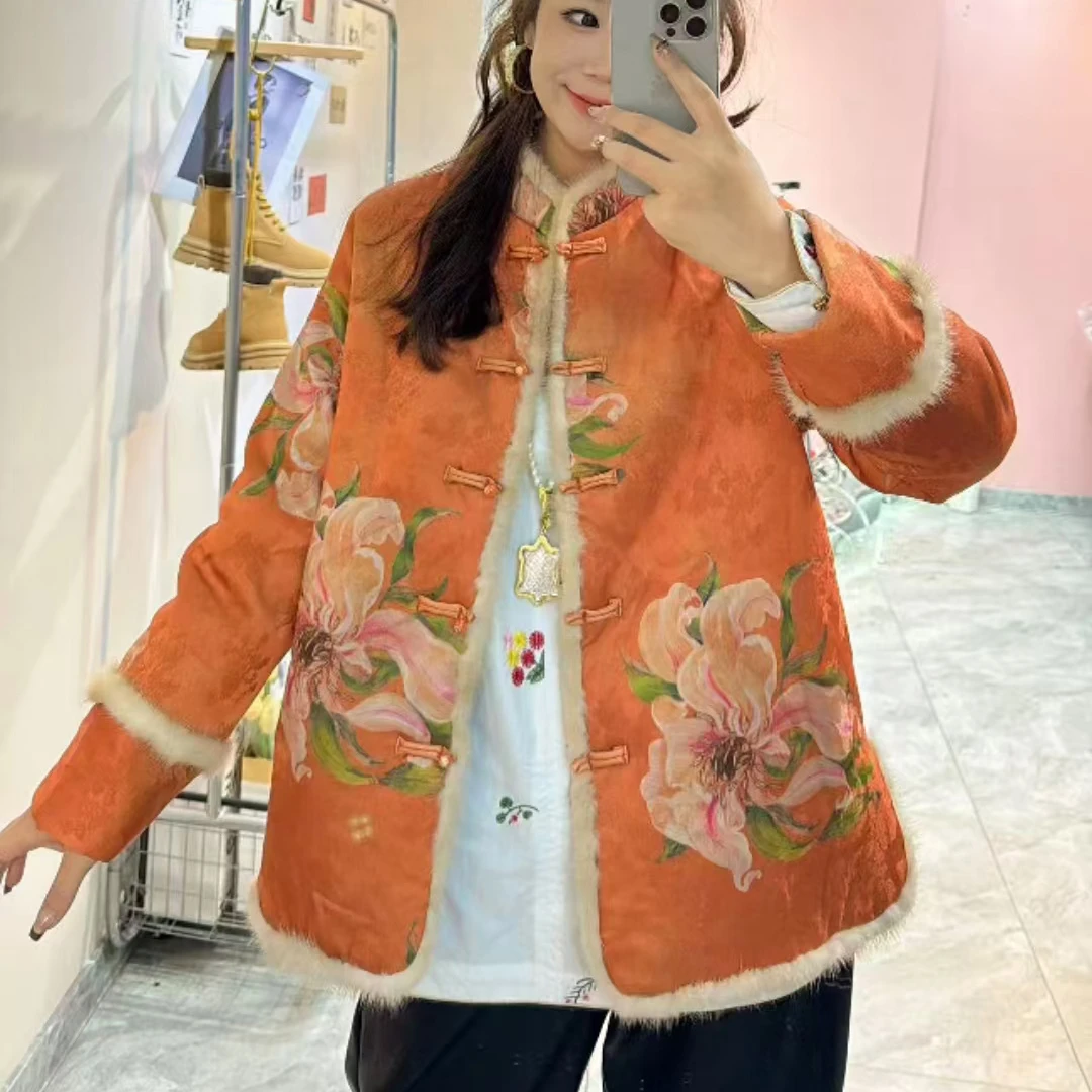 YANG（薄棉）新中式国风复古橘色加棉不定位花型毛毛边外套105
