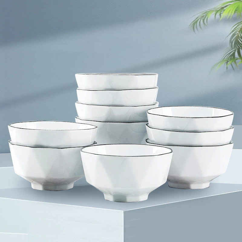 个性10个装4.5英寸中式质感黑边线钻石碗家用陶瓷釉下彩吃饭碗BT