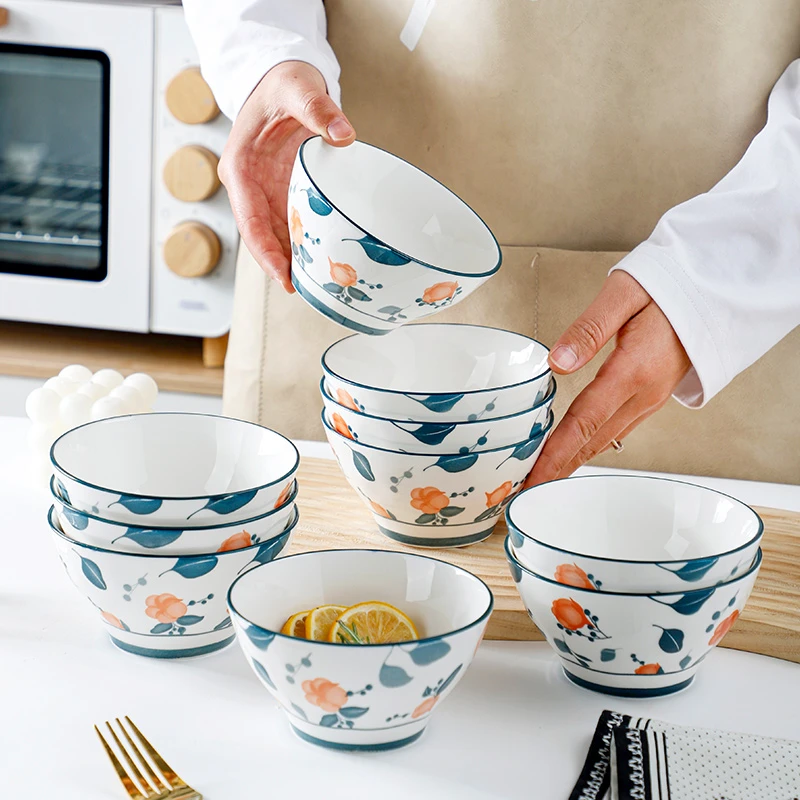 木棉花10只装4.7英寸陶瓷釉下彩家用创意吃饭碗沙拉碗米饭碗