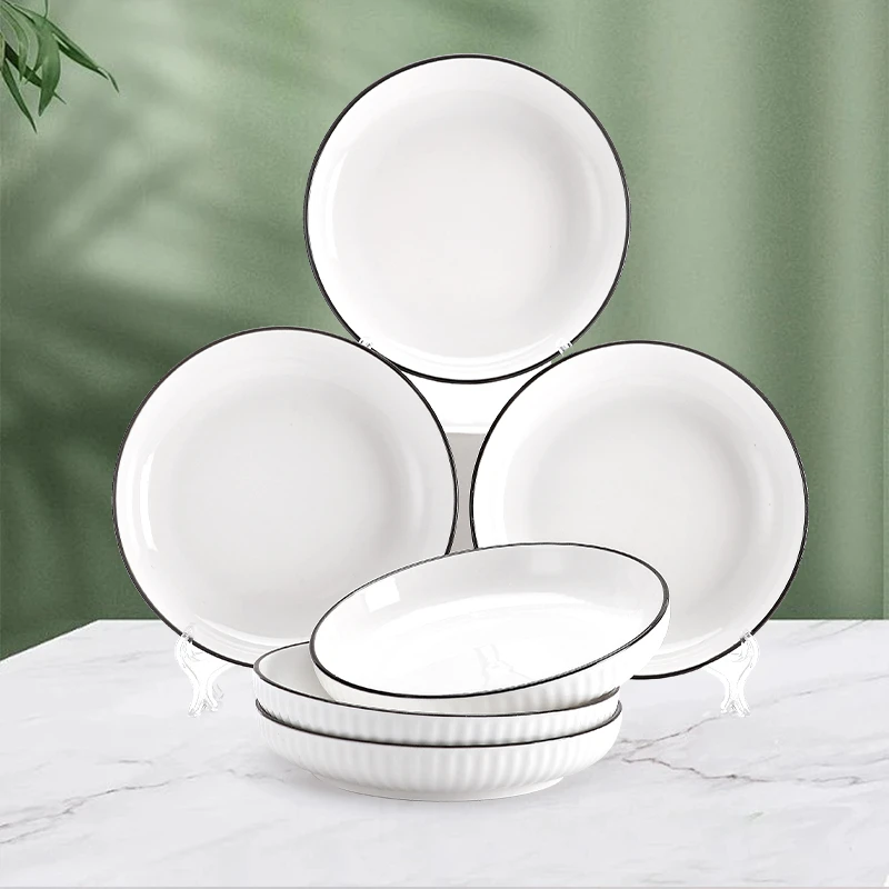 6只装7英寸欧式个性竖纹黑边可微波陶瓷釉下彩圆形饭盘早餐盘