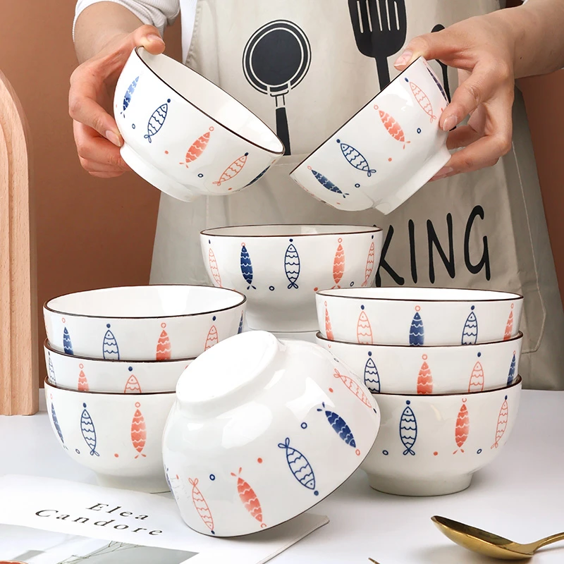 10只装4.5英寸小鱼可爱家用陶瓷釉下彩创意吃饭碗米饭碗