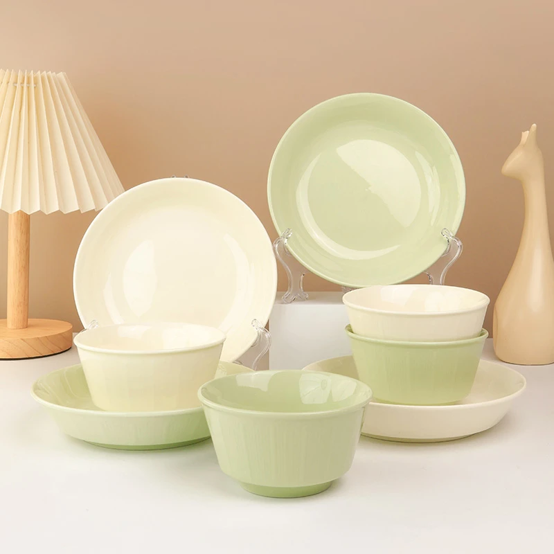 8件套富贵奶油黄/绿家用陶瓷釉下彩轻奢简约吃饭餐具套装